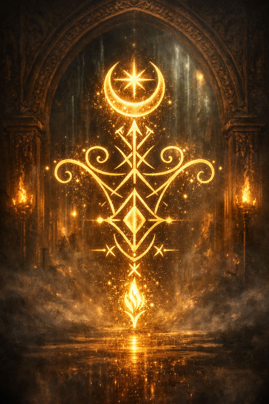 Sigilo dos Orixás Premium — Símbolo espiritual exclusivo dourado com crescente, estrela e runas sagradas